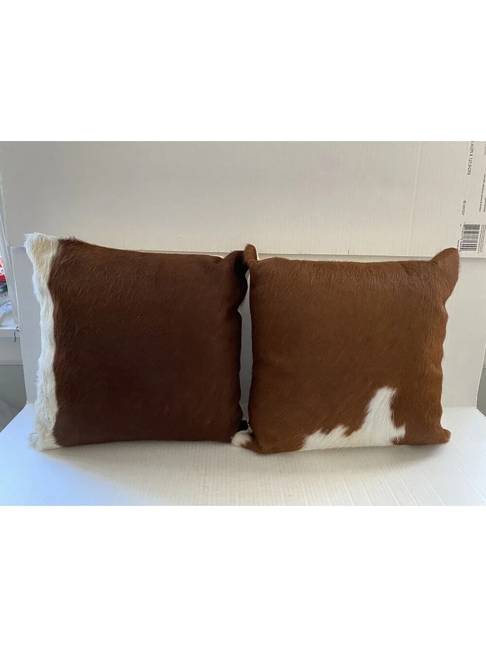 Pair of Natural Cowhide Throw Pillows Genuine Hair on Hide Brown White 16”